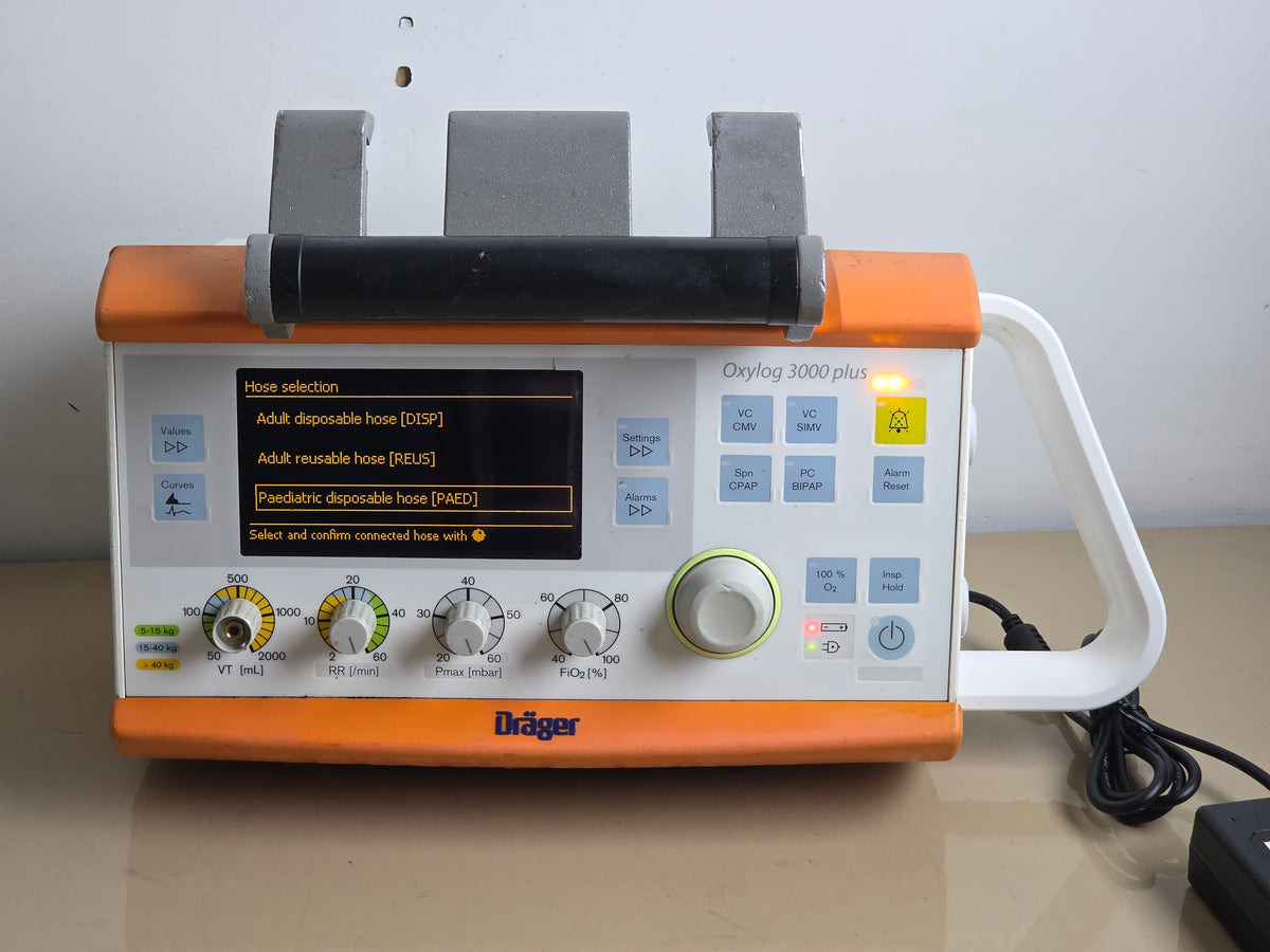 DRAEGER Drager oxylog 3000 plus ventilator drager with O2 hose + PSU