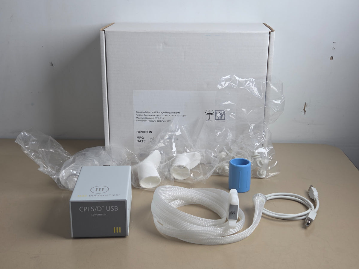 MGC Diagnostics CPFS/D USB spirometer and included accessories