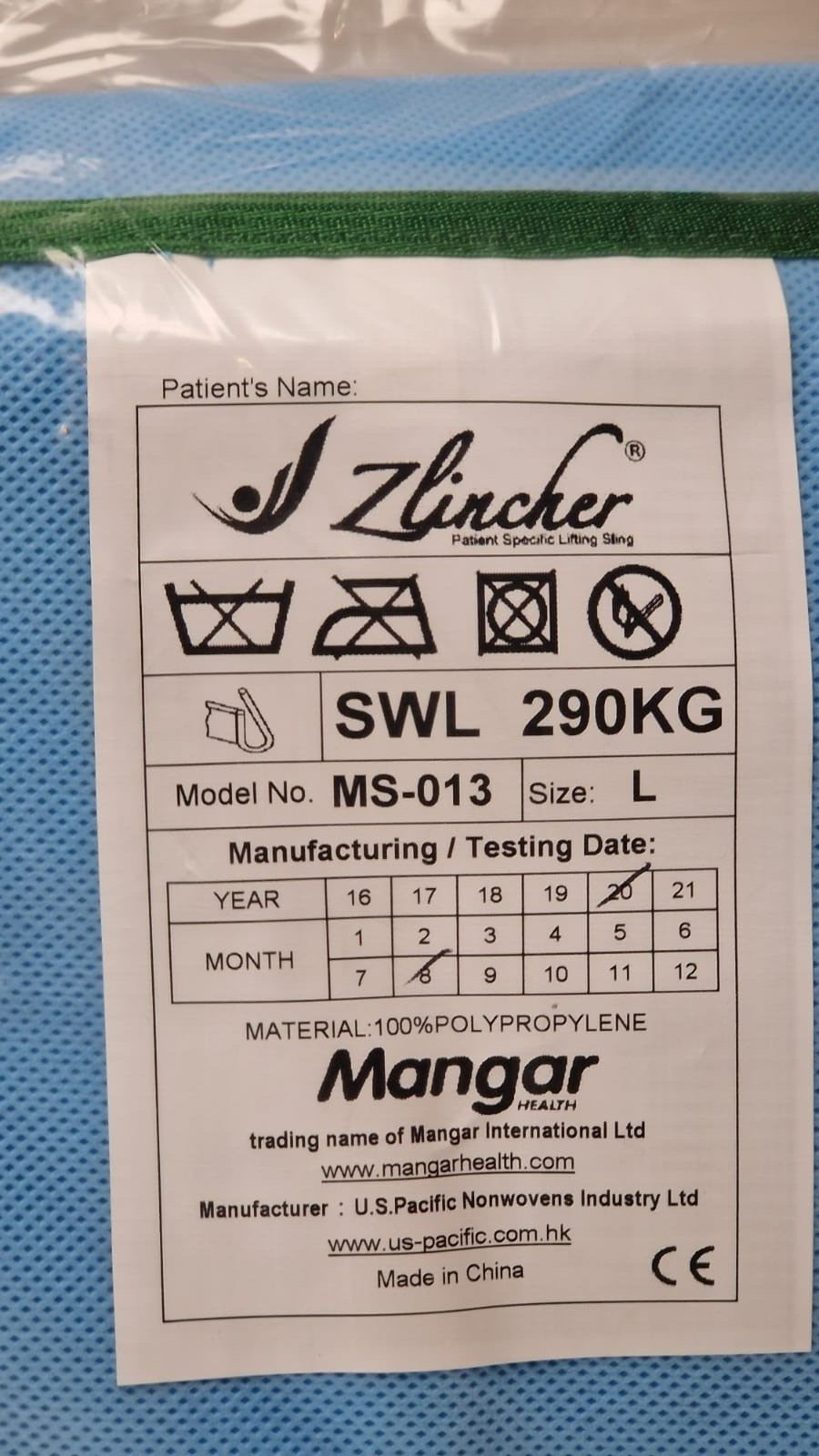 zlincher MS 013 patient lifting high back sling  SWL 290 kg   Blue Size Large L1