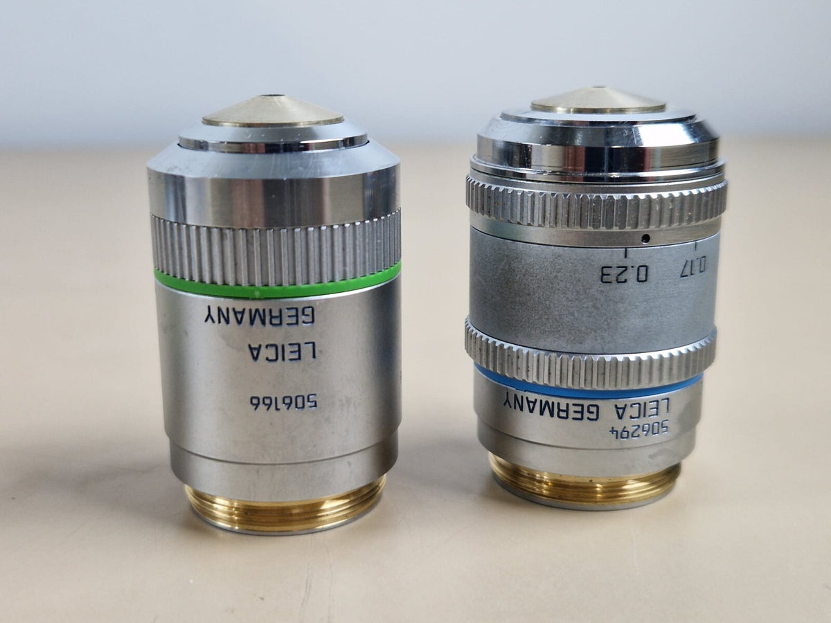 leica DMLS microscope with 3 plan apochromat + 1x fluotar objective10