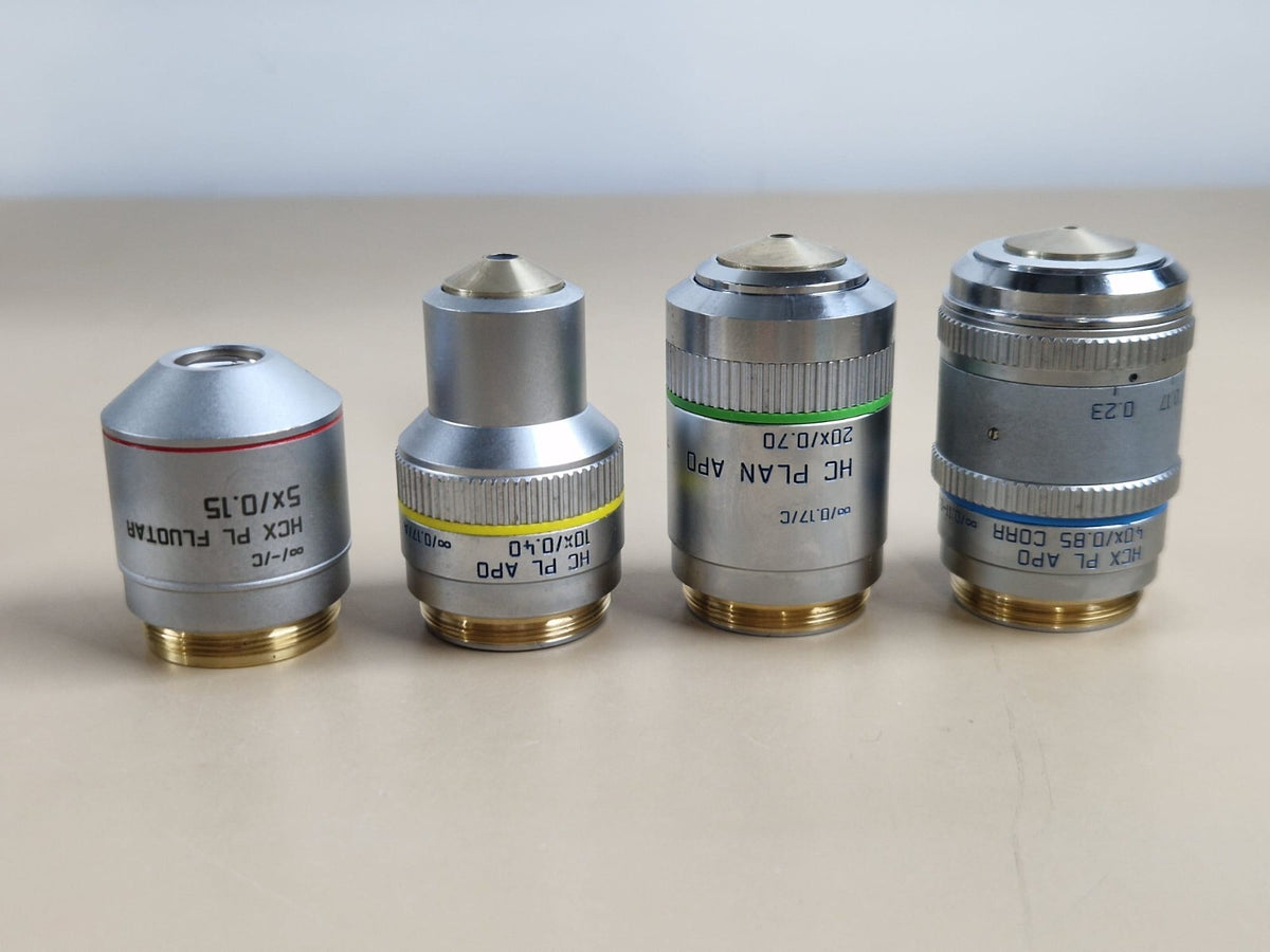 leica DMLS microscope with 3 plan apochromat + 1x fluotar objective8