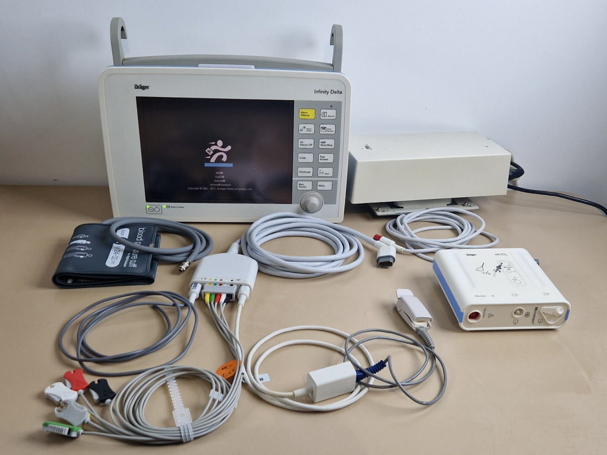 drager delta infinity patient monitor + CO2 ECG SpO2 NIBP temp + power adapter0