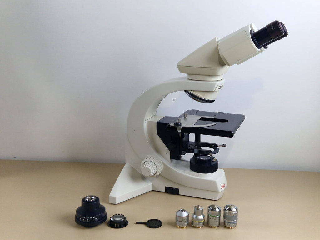leica DMLS microscope with 3 plan apochromat + 1x fluotar objective0