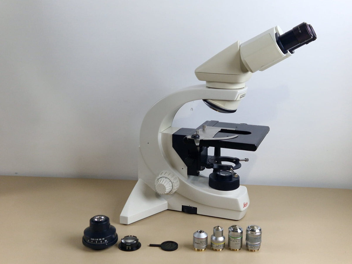 leica DMLS microscope with 3 plan apochromat + 1x fluotar objective0