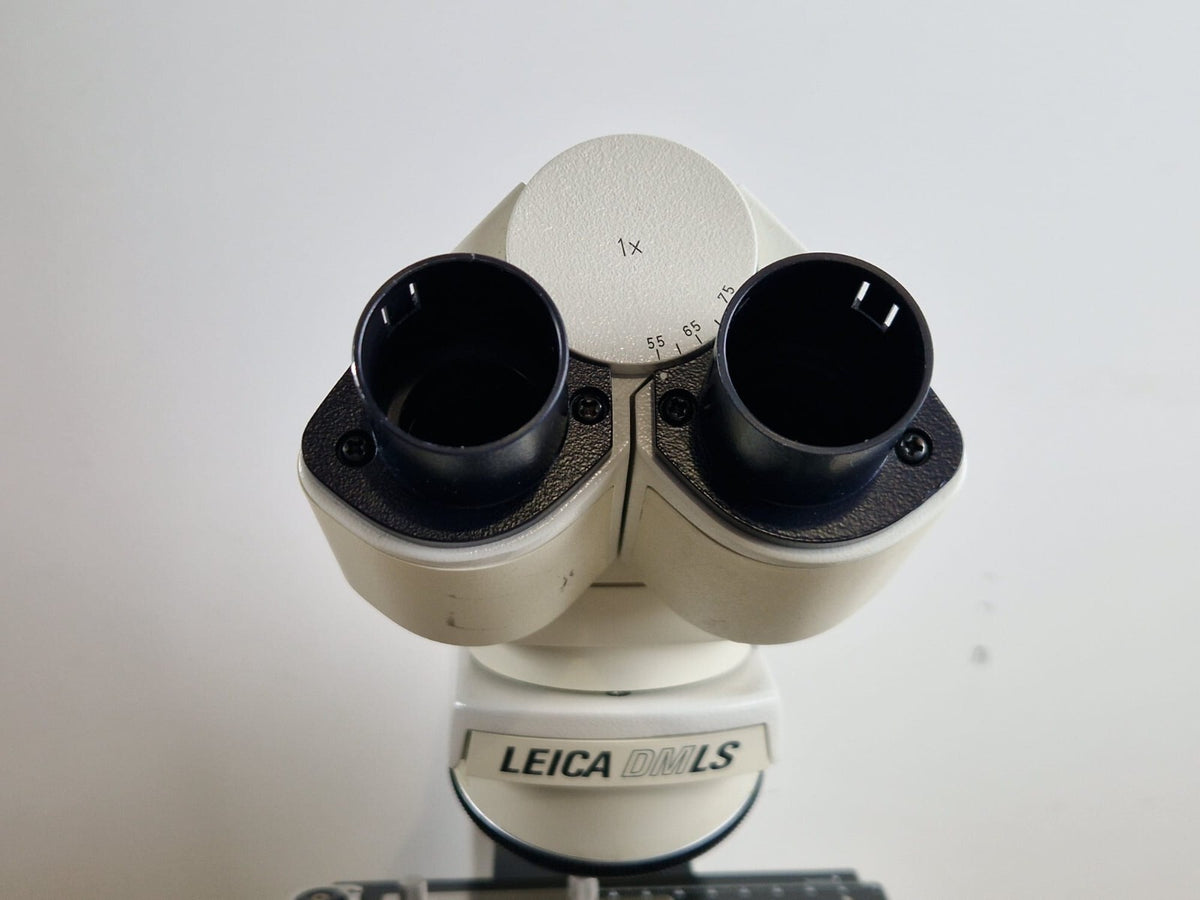 leica DMLS microscope with 3 plan apochromat + 1x fluotar objective3