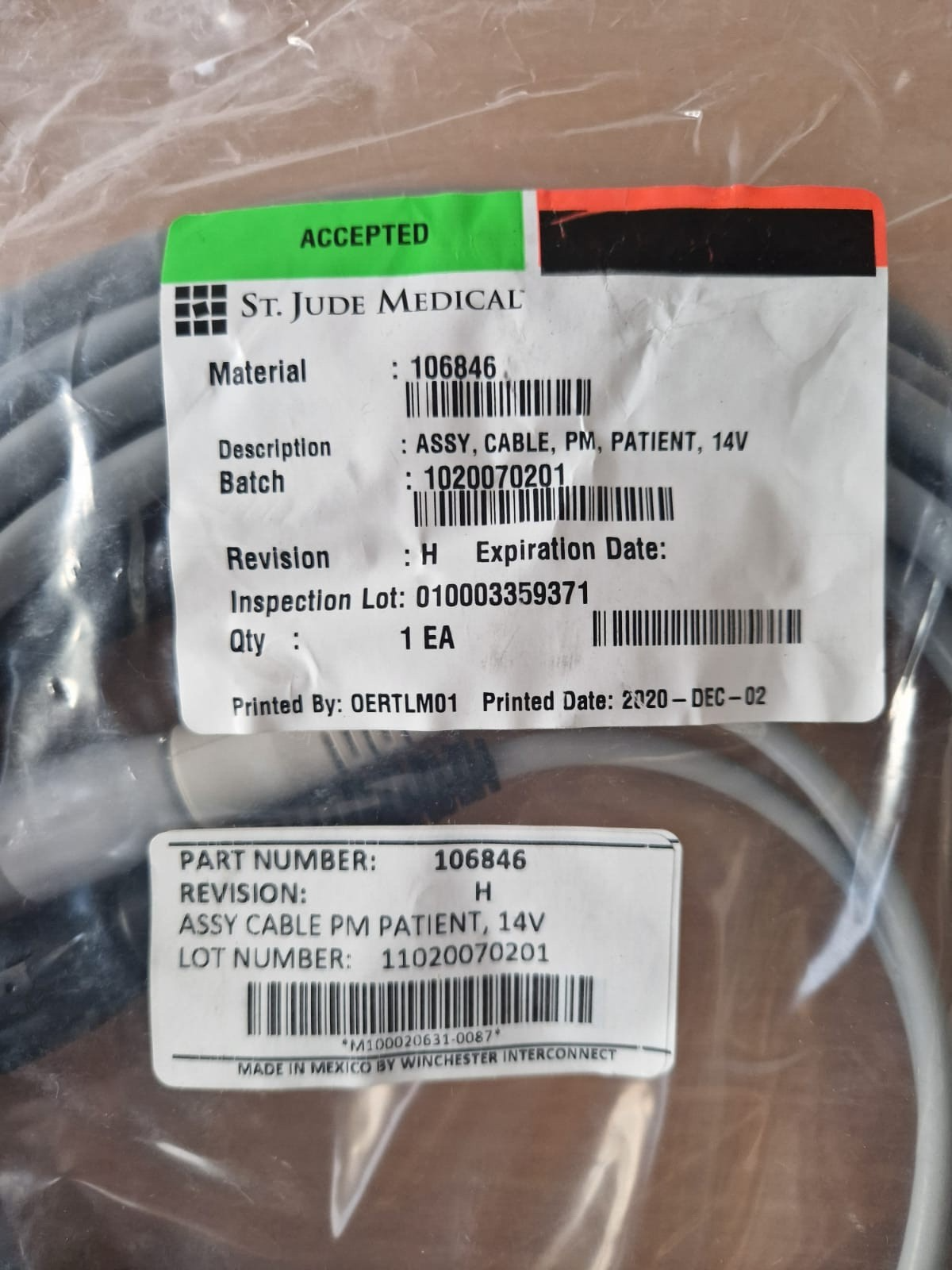 Thoratec Heartmate st jude medical assy patient cable 14V 1020070201 pn: 1068462