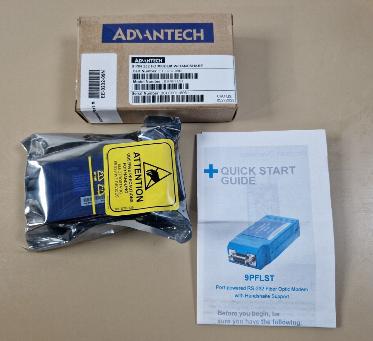 advantech BB 9PFLST serial to fiber converter, RS 232 Modem DB9 F to MM Fiber ST2