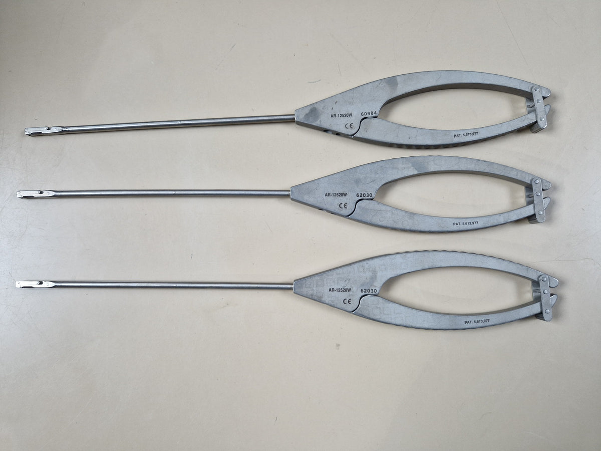 Three Arthrex AR-12520W standard reverse tip 3.4 mm straight shaft punches with WishBone handle