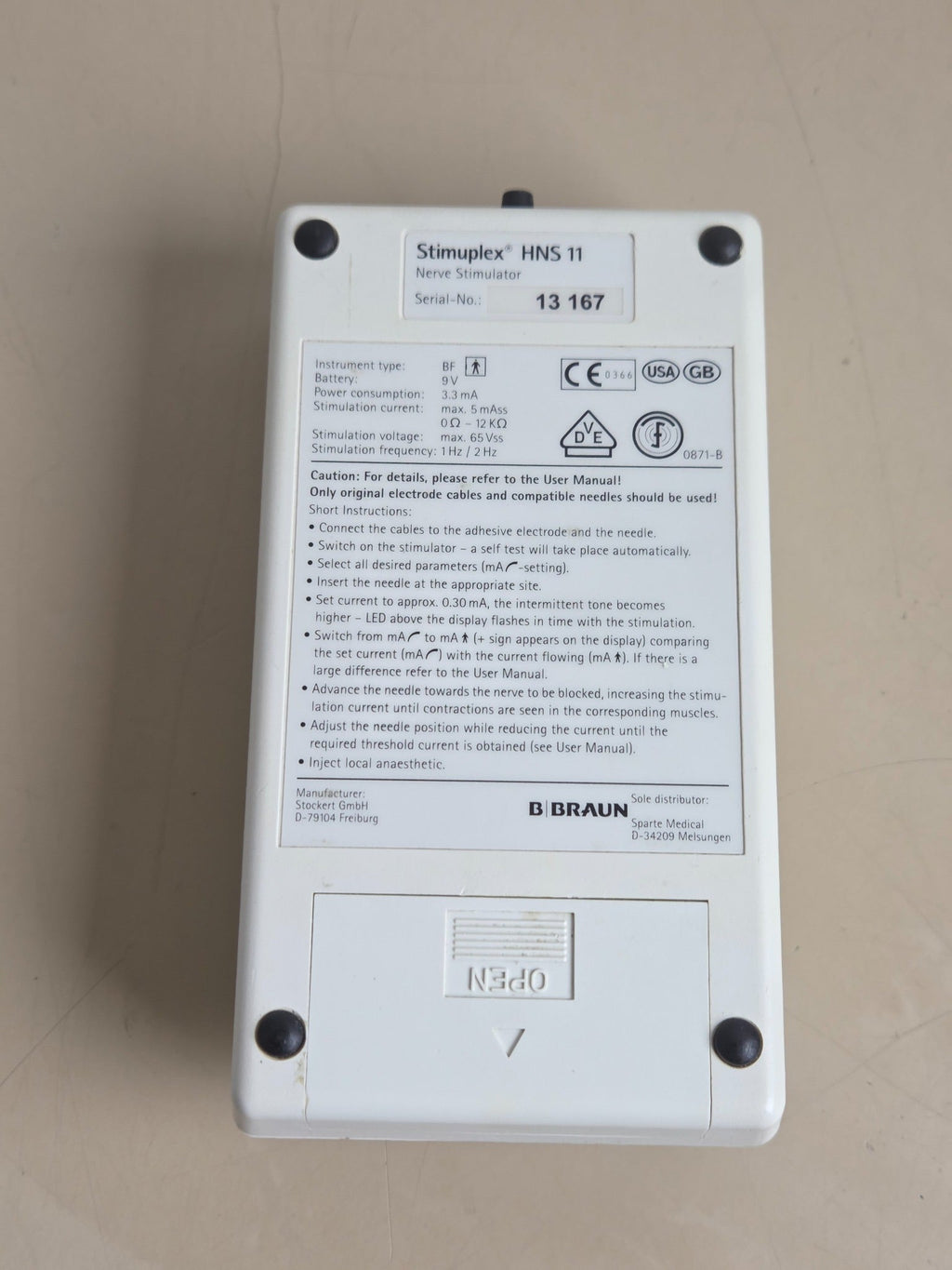 B. Braun Stimuplex HNS 11 rear specification label