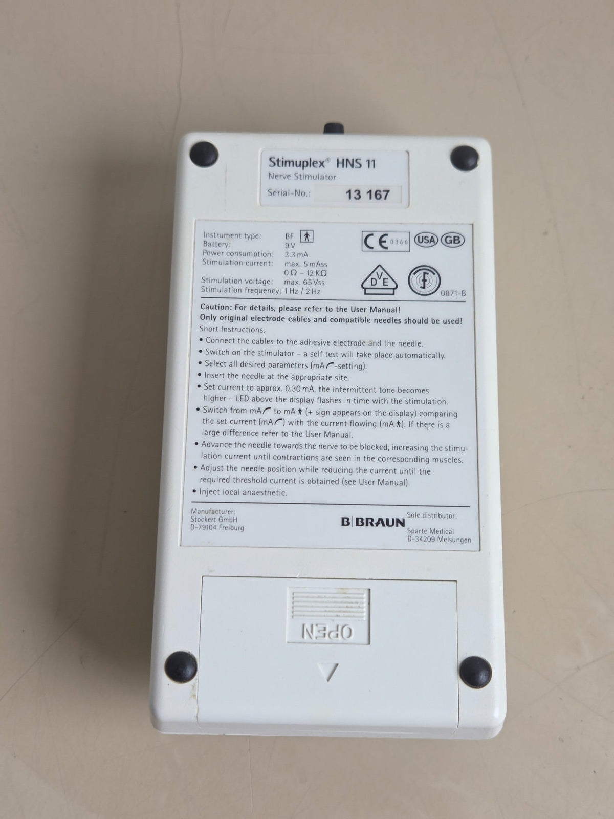 B. Braun Stimuplex HNS 11 rear specification label