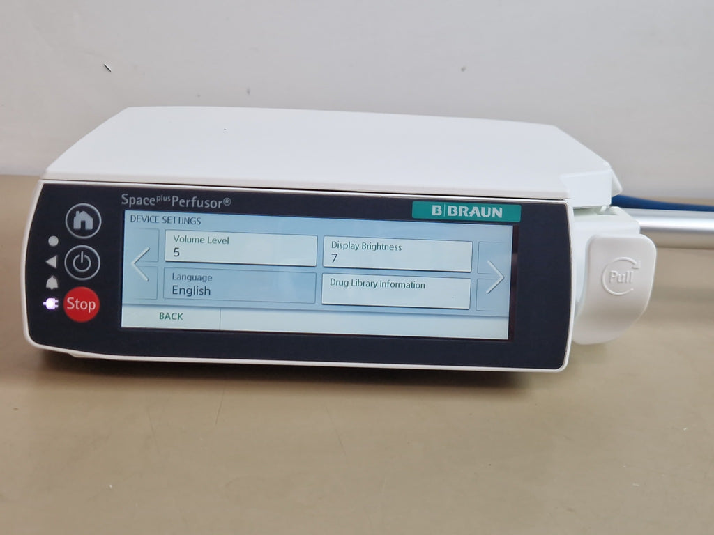 B. Braun Spaceplus Perfusor syringe pump powered on front view