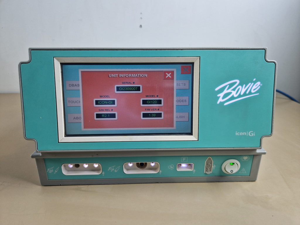Bovie ICON Gi GI120 touchscreen showing Safe Cut 42 watts and Gentle Coag