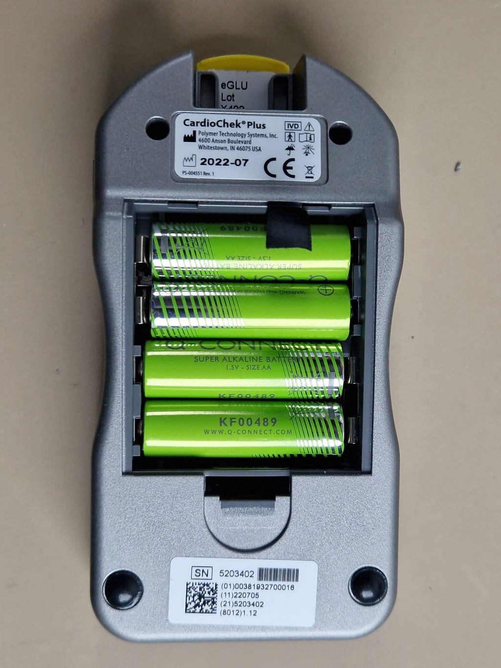 CardioChek Plus analyzer with four AA batteries installed
