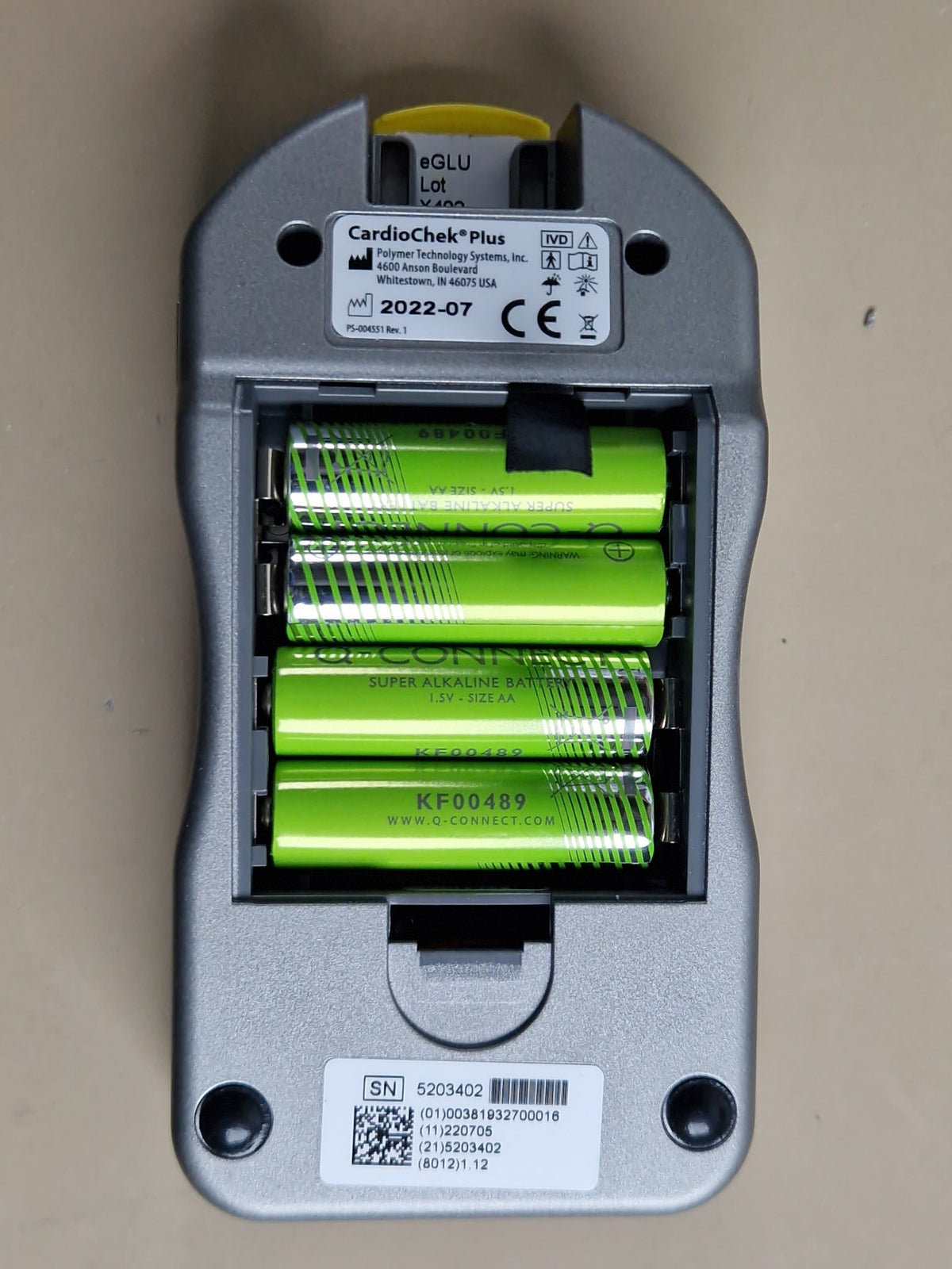 CardioChek Plus analyzer with four AA batteries installed