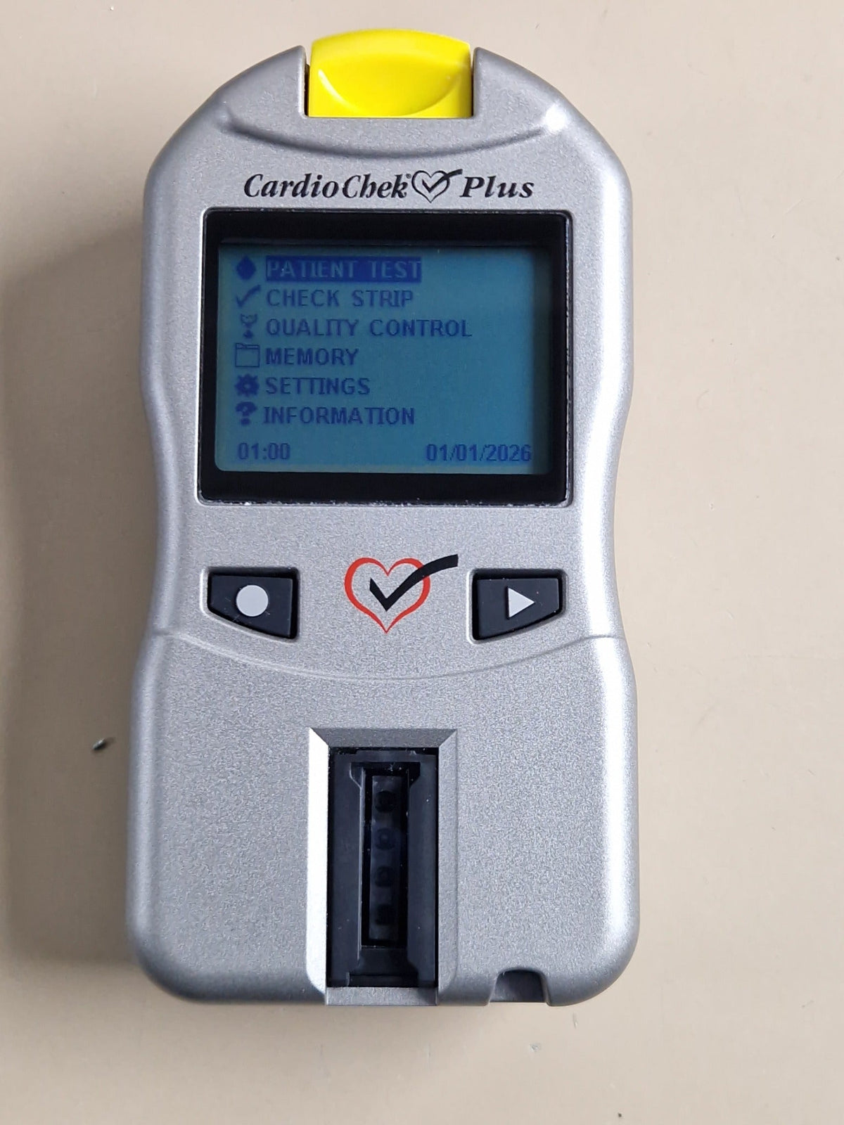 CardioChek Plus analyzer powered on showing patient test menu