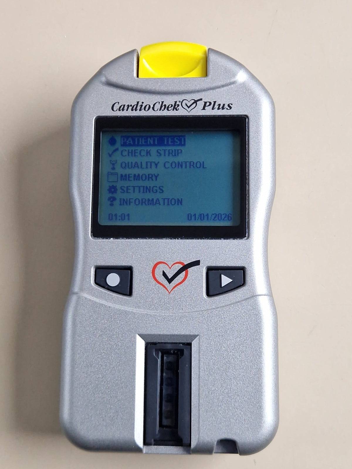 CardioChek Plus analyzer powered on with menu screen