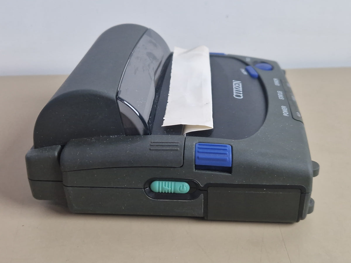 Citizen PD-24 portable thermal printer side view with power switch