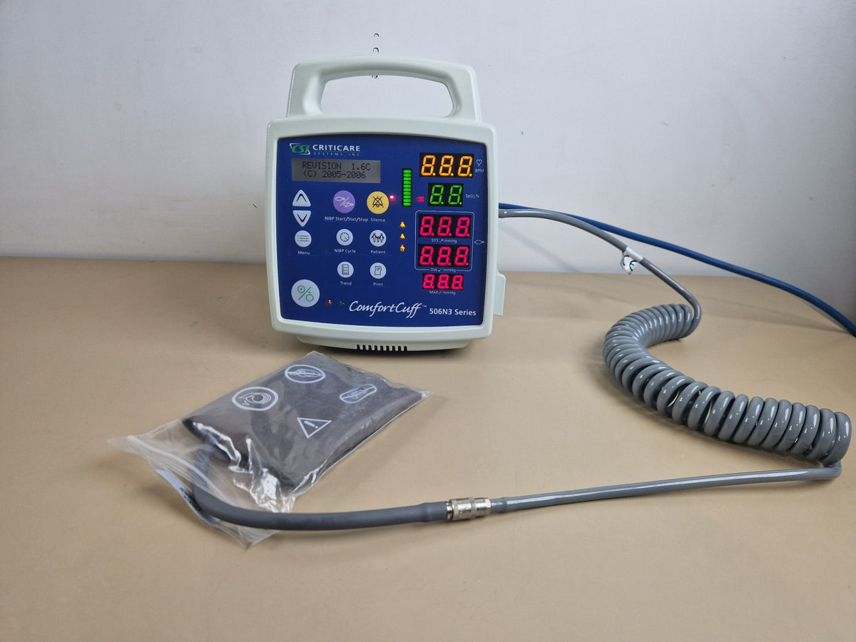 Criticare VitalCare ComfortCuff 506DN3 vital signs monitor front view with cuff