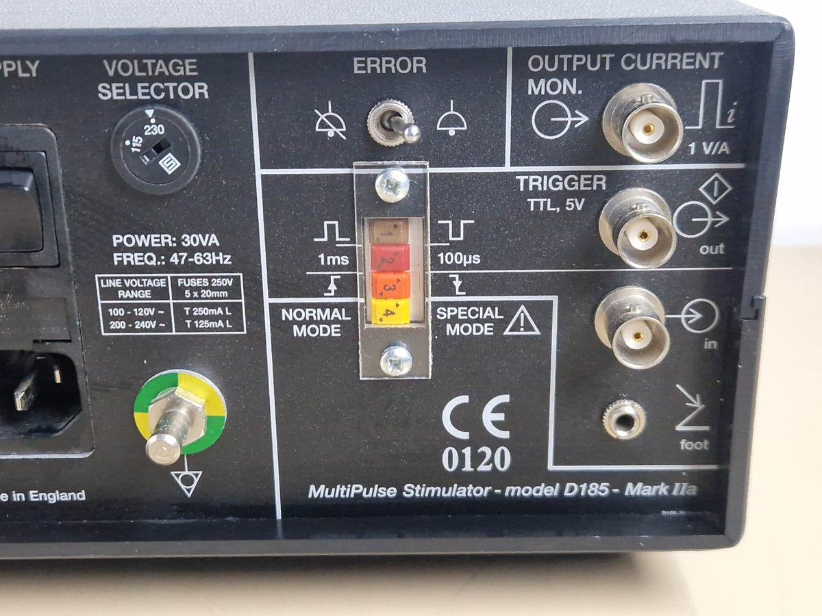 Digitimer D185 Mark IIa rear panel outputs and trigger connections
