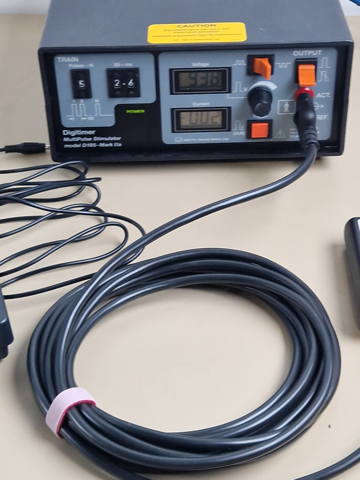 Digitimer D185 Mark IIa powered on with D185-HB1 cable
