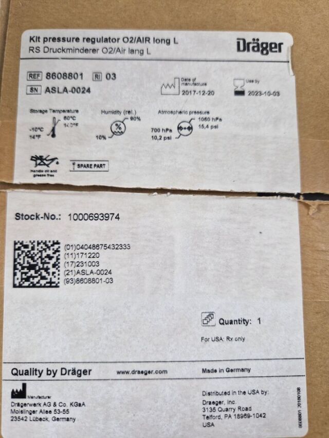 DRAEGER evita LONG PRESSURE REGULATOR KIT, O2/AIR 8608801