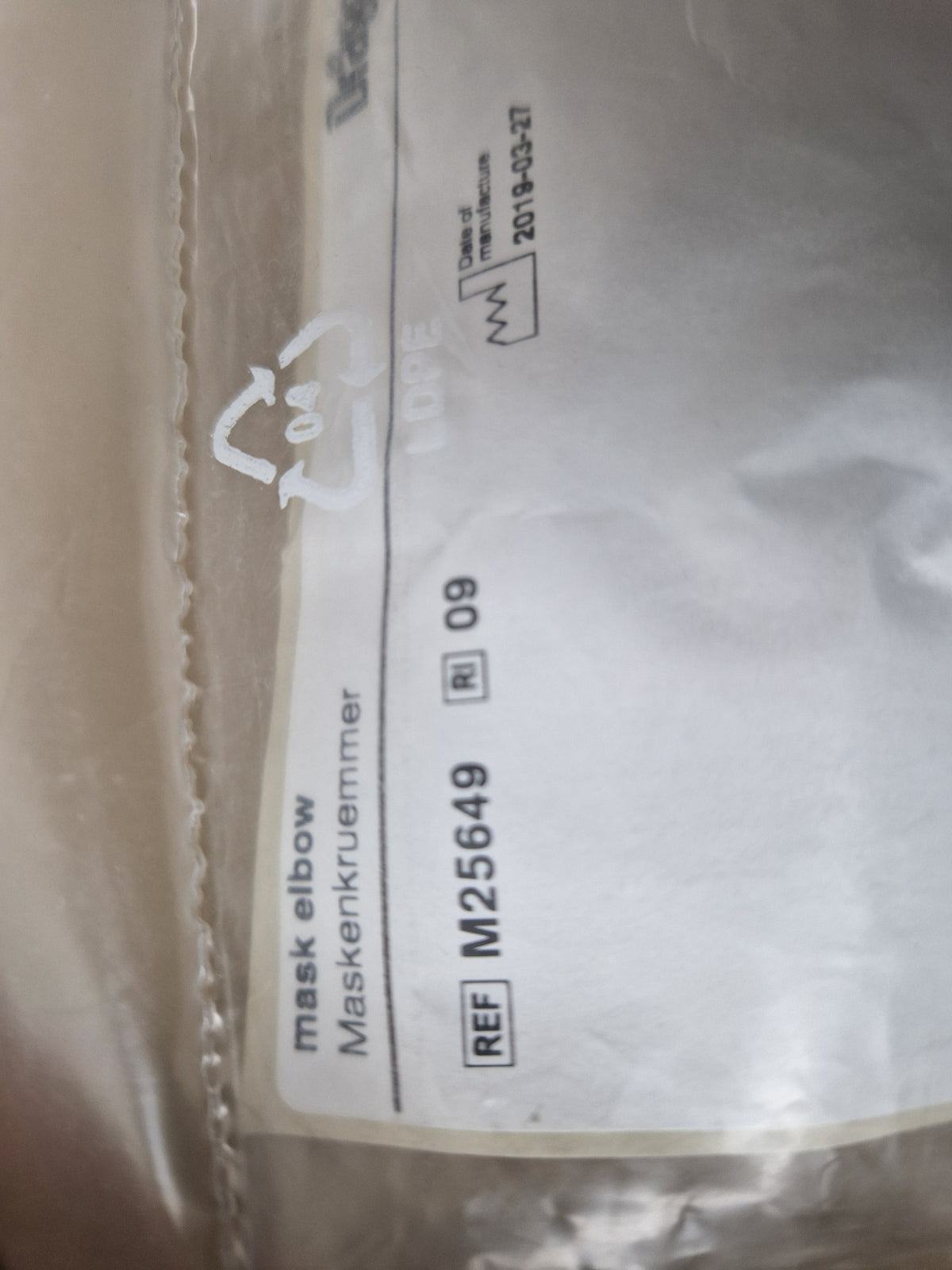 Dräger M25649 mask elbow packaging label