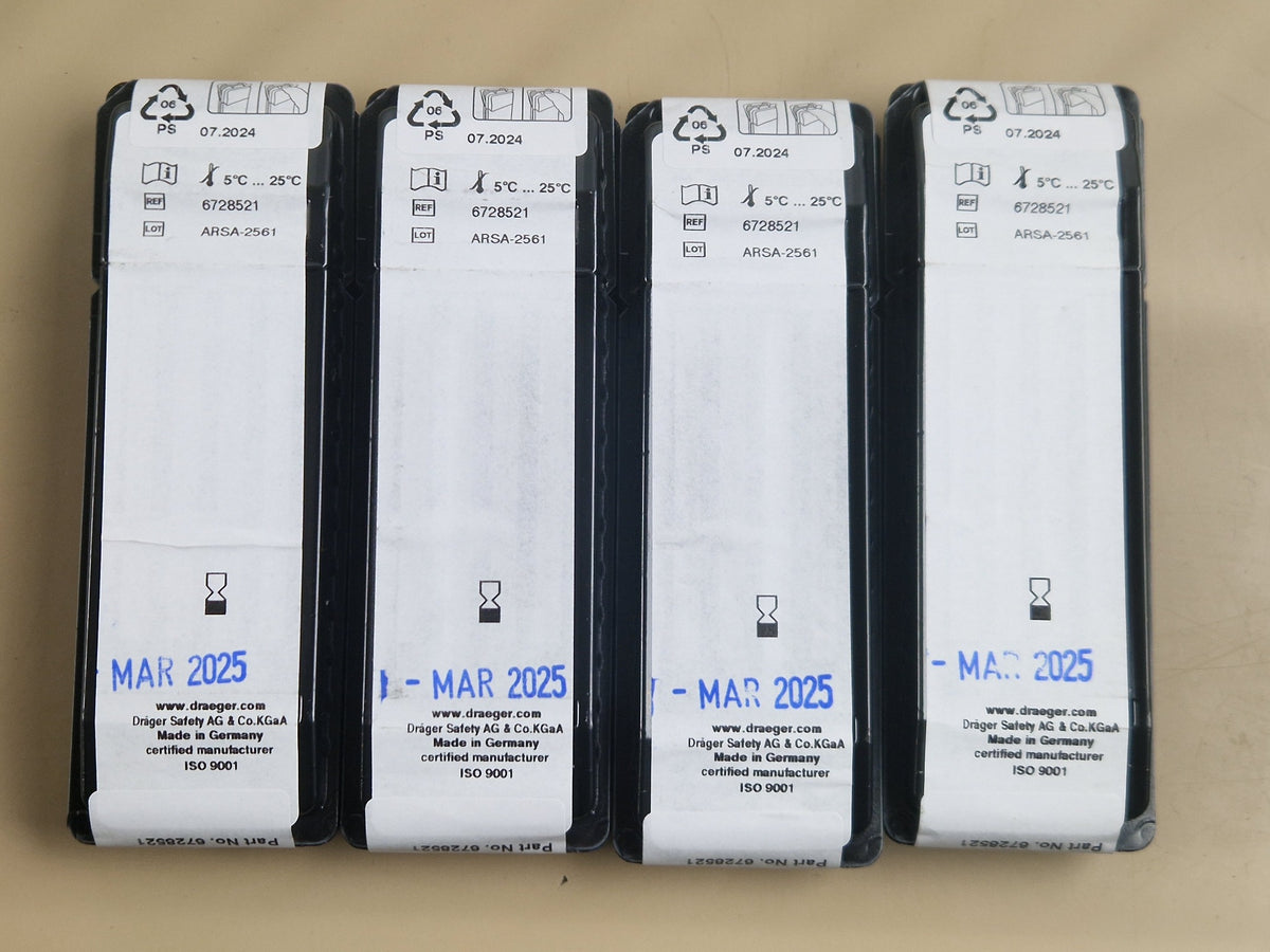 Drager 6728521 Carbon Dioxide 100/a-P tubes rear label showing March 2025 expiry