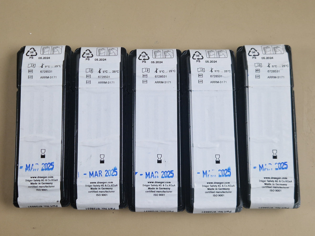 Five Drager 6728531 Water Vapour 5/a-P packs showing March 2025 expiry