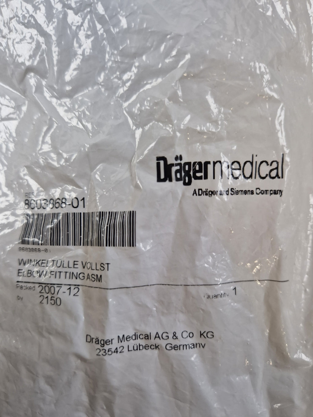 Drager Medical 8603868-01 Elbow Fitting ASM package label