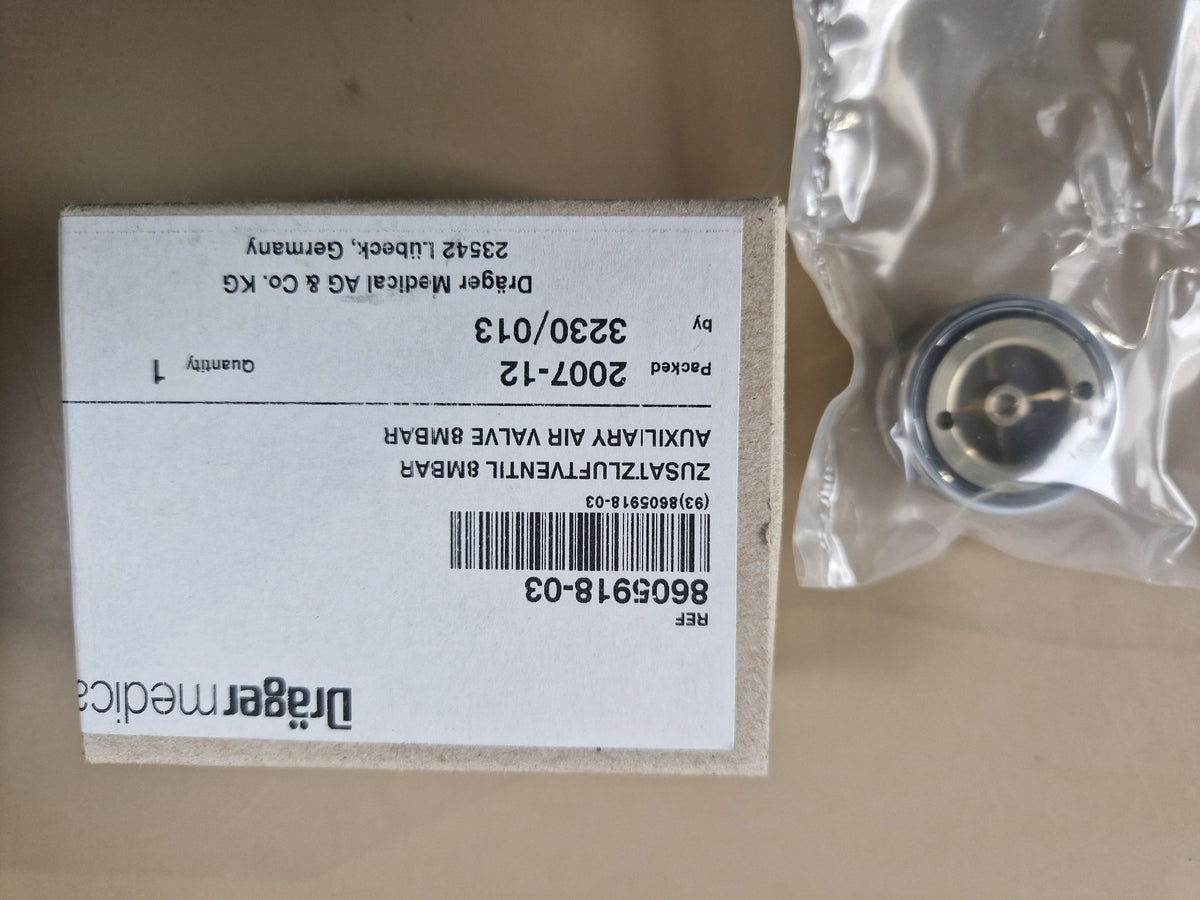 Dräger Auxiliary Air Valve 8mbar REF 8605918-03 package label and valve