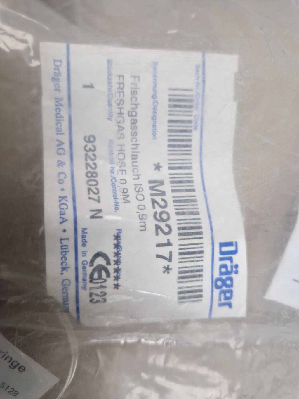 Drager M29217 fresh gas hose 0.9m label control number 93228027N