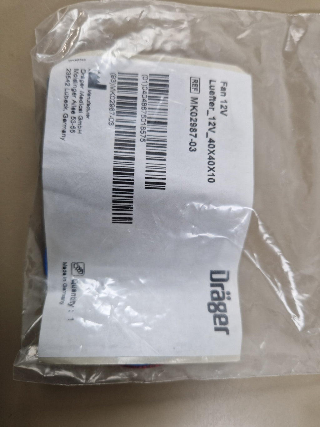 Drager MK02987-03 Fan 12V package label