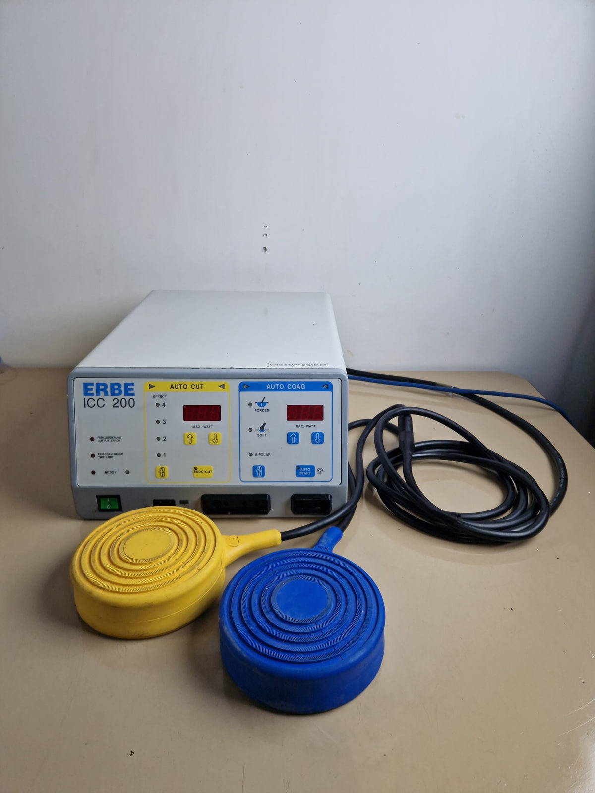 ERBE ICC 200 electrosurgical unit with two colour-coded footswitches