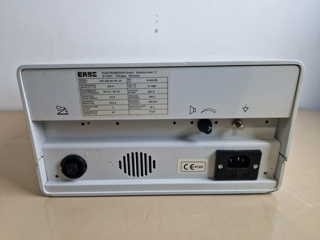 ERBE ICC 200 rear label with model and electrical specifications