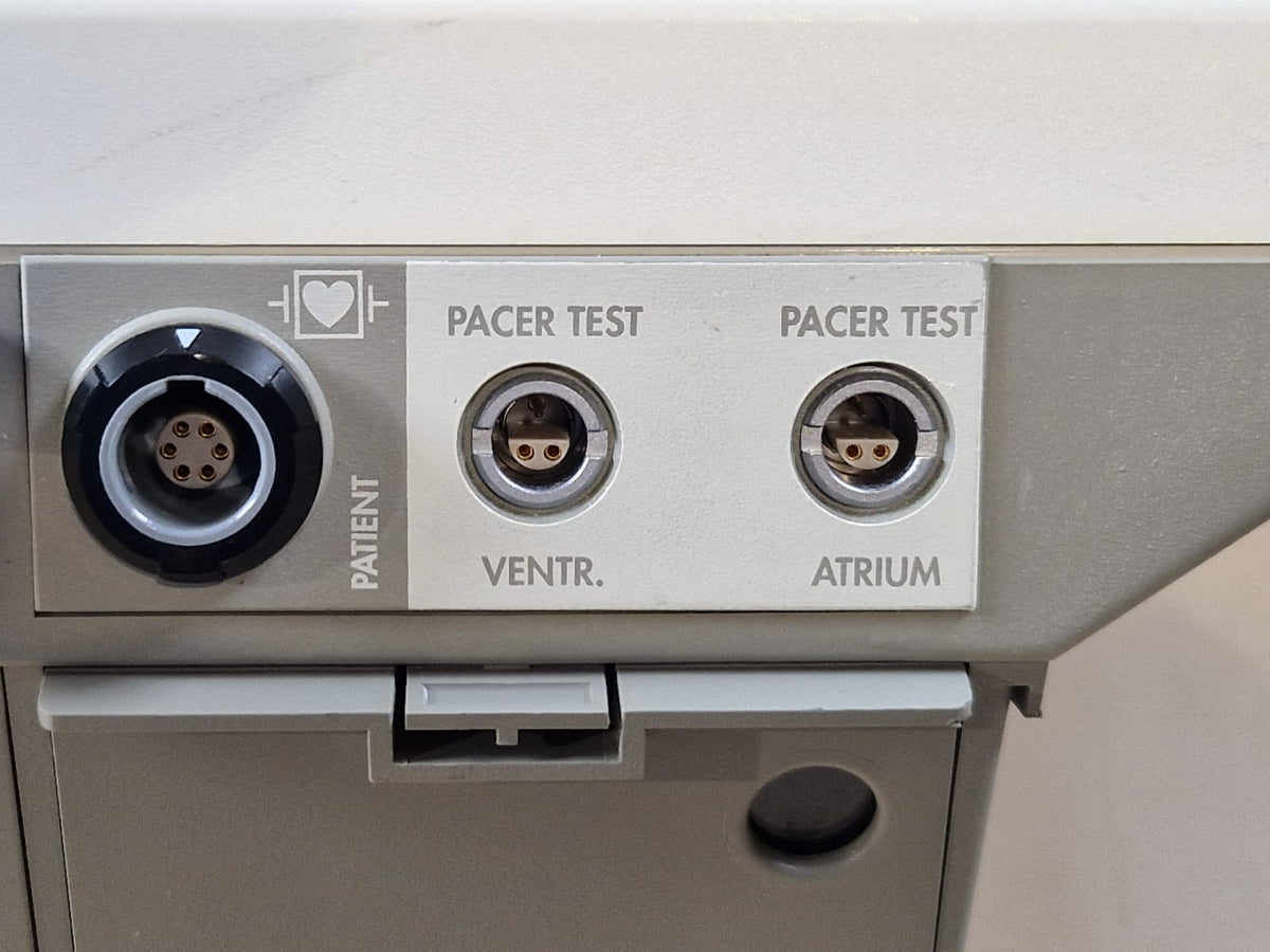 Close-up of Guidant 3105 patient connector and ventricular and atrial pacer-test sockets