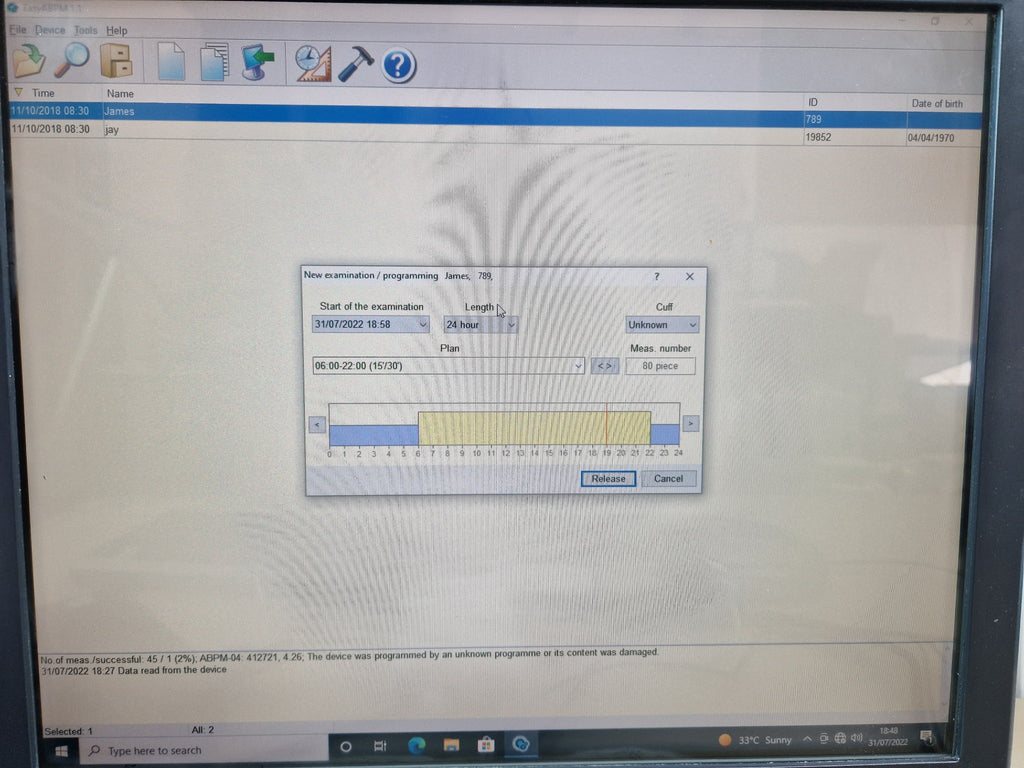 Meditech EasyABPM software demonstration screen with seller-created sample test data