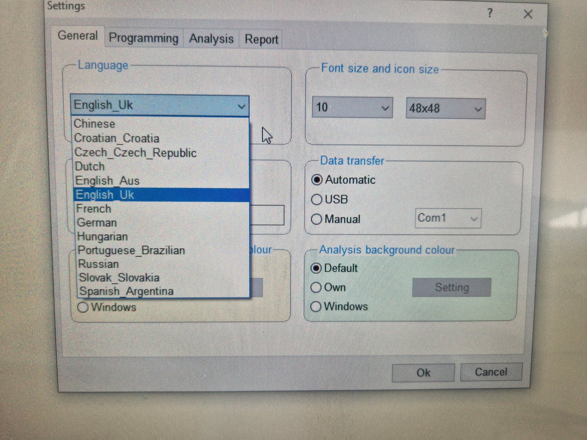 Meditech EasyABPM settings and language options demonstration screen