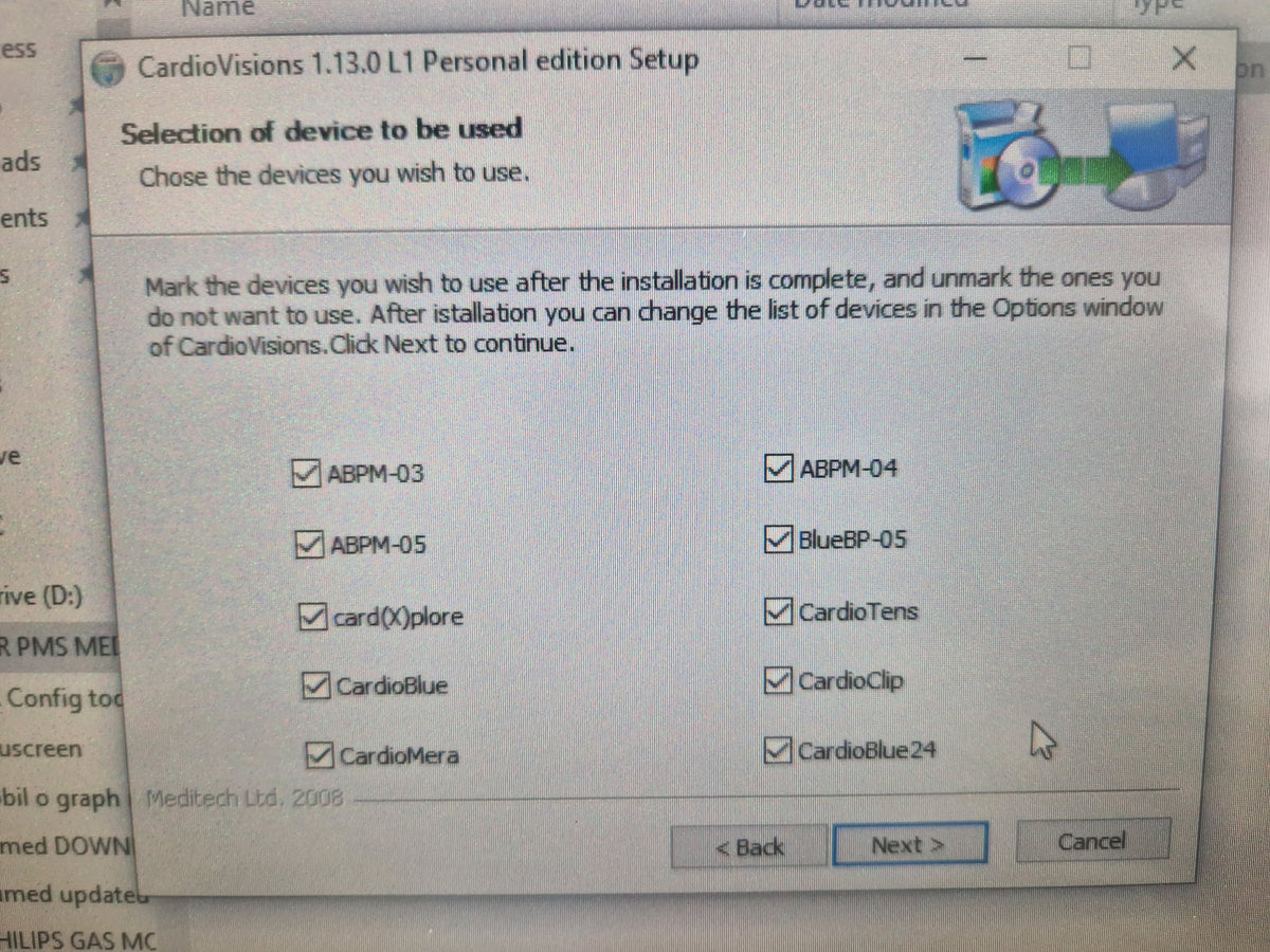 Meditech CardioVisions software device selection screen showing ABPM-04 option during seller demonstration setup