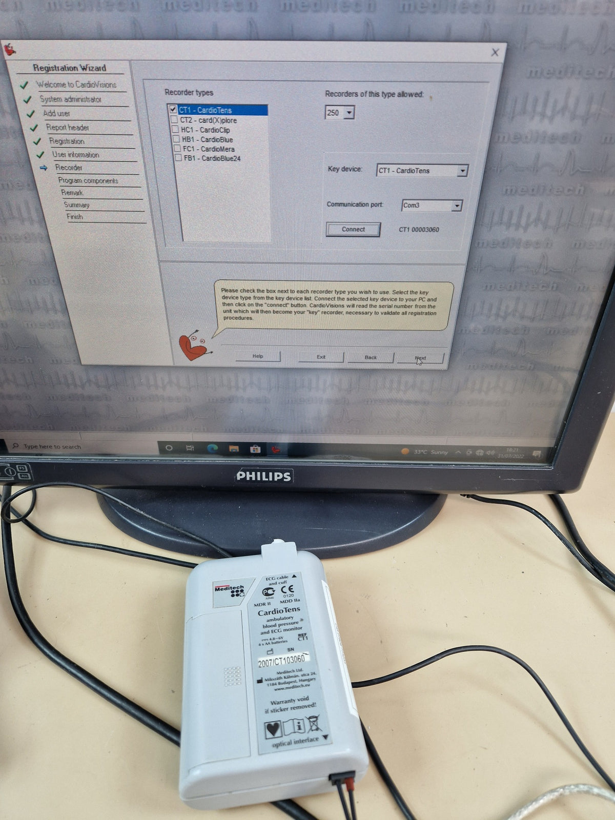 Meditech CardioVisions recorder registration screen shown during seller testing