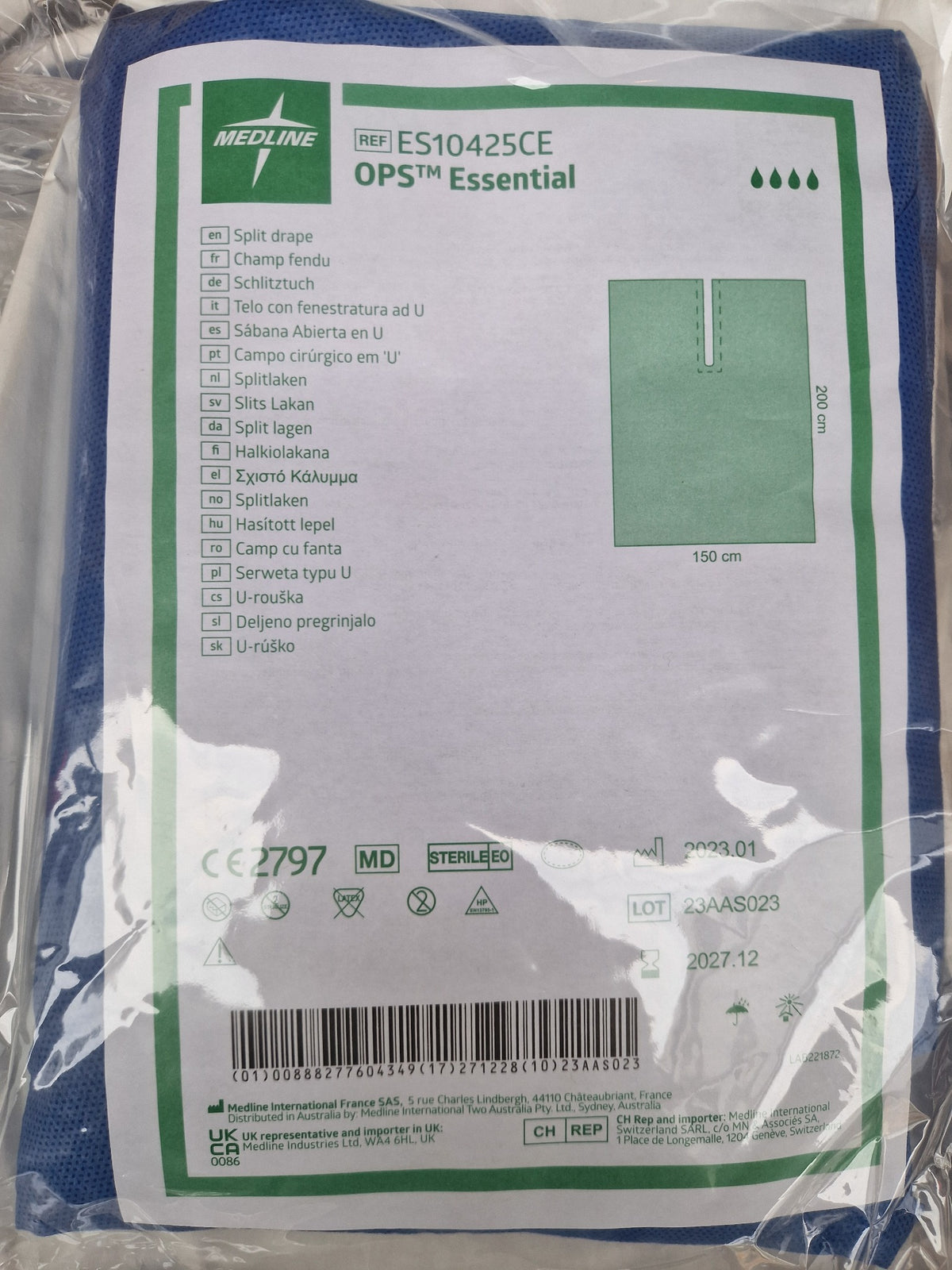 Medline OPS Essential ES10425CE sterile split U-drape package label