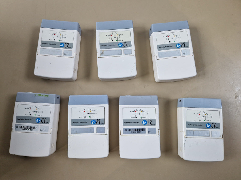 Mindray Mortara TEL-100 telemetry transmitters front labels