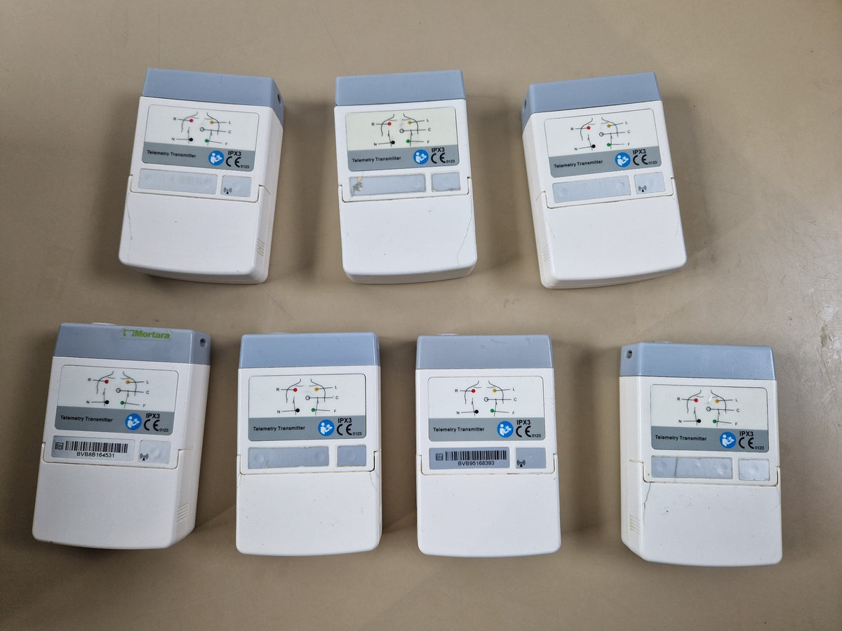 Mindray Mortara TEL-100 telemetry transmitters front labels