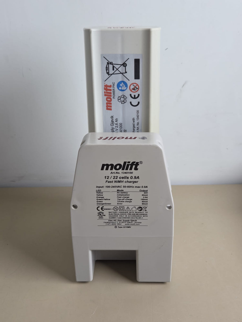 Molift 1340100 12/22 cell 0.9A fast NiMH charger specification label