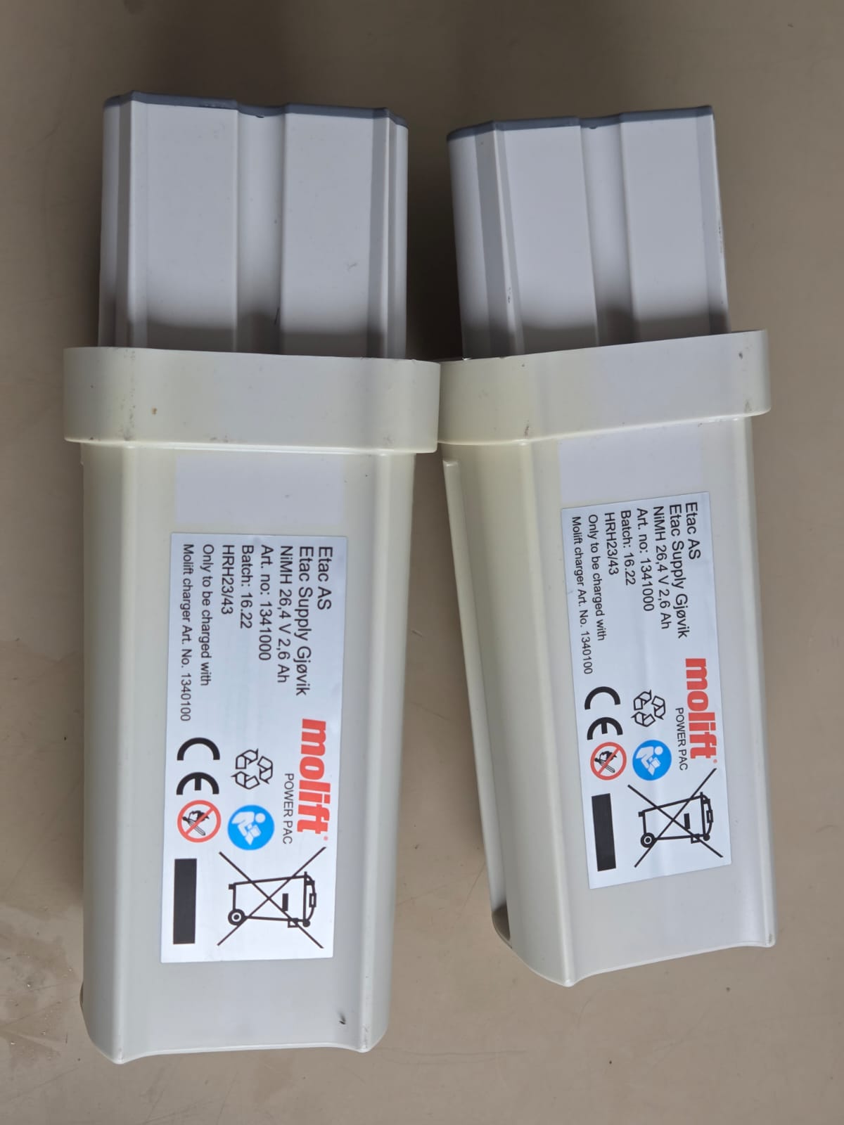 Two Molift Power Pac 1341000 NiMH 26.4V 2.6Ah battery packs