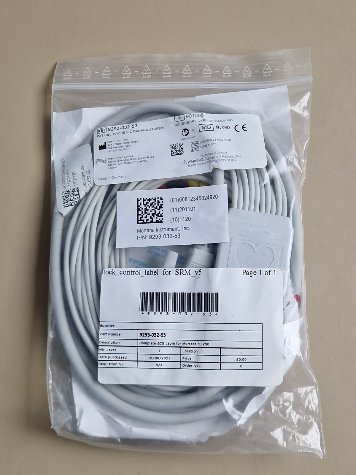 Mortara 9293-032-53 ECG patient cable in original labelled packaging