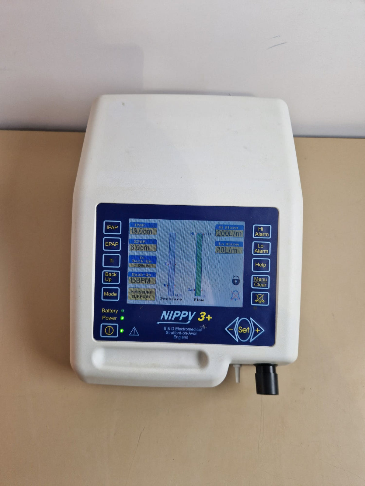 B and D Electromedical NIPPY 3+ positive pressure ventilator shown powered on with colour display