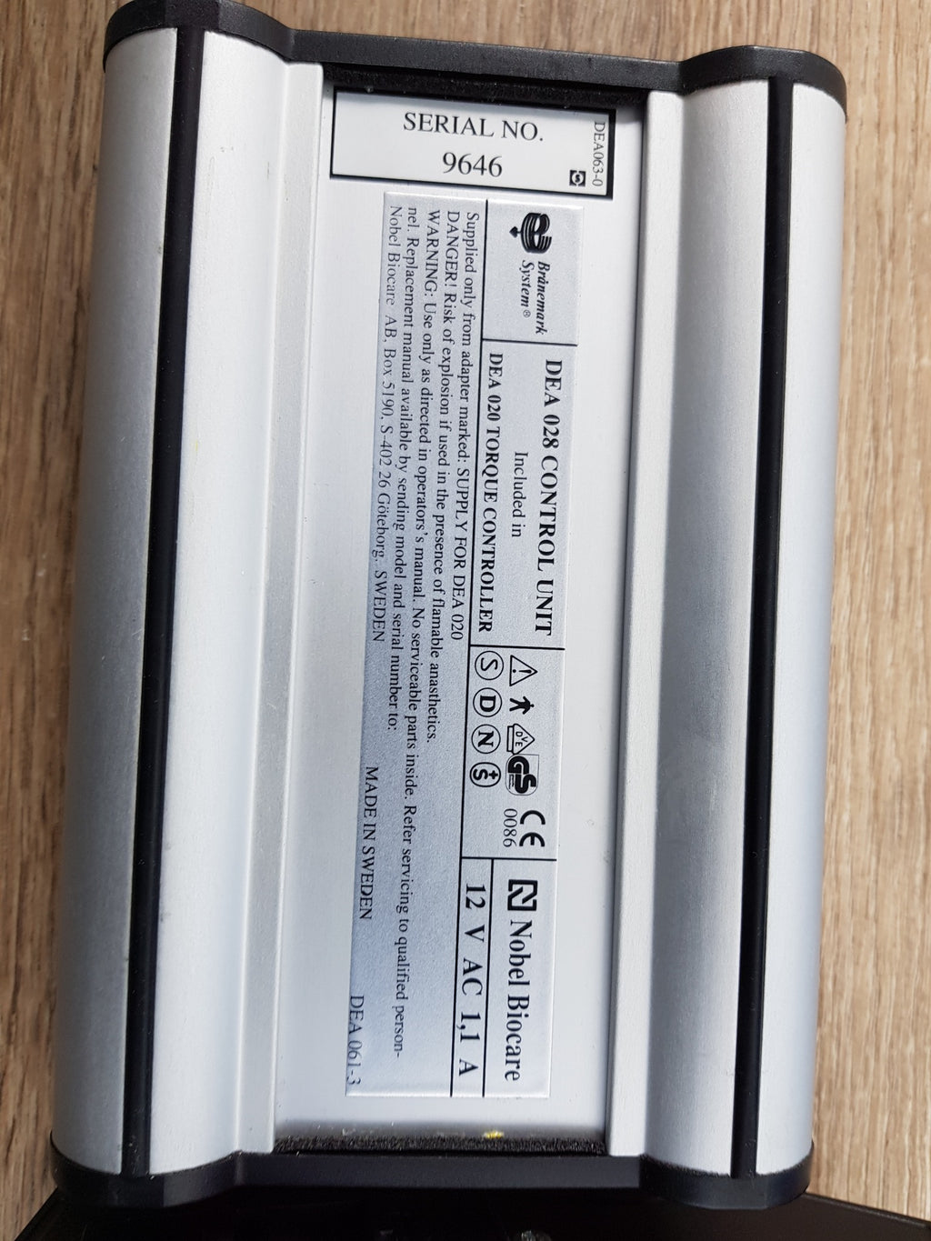 Nobel Biocare Branemark DEA 028 control unit label included in DEA 020 torque controller