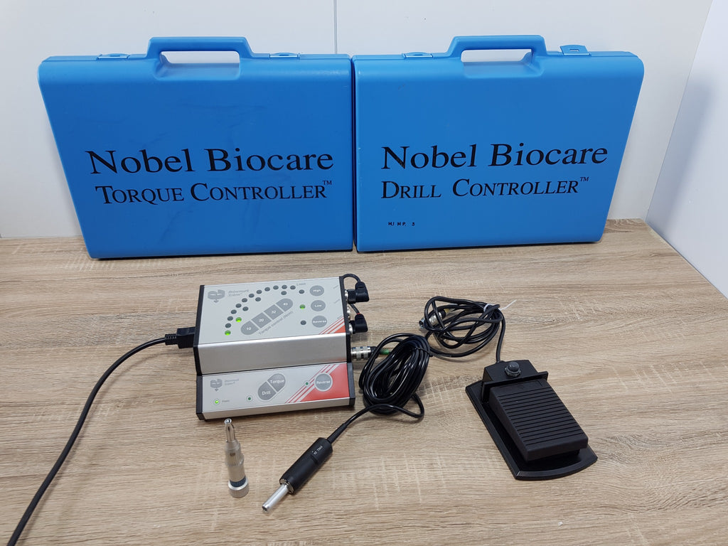 Nobel Biocare Branemark Torque Controller and Drill Controller complete set with cases motor handpiece and footswitch