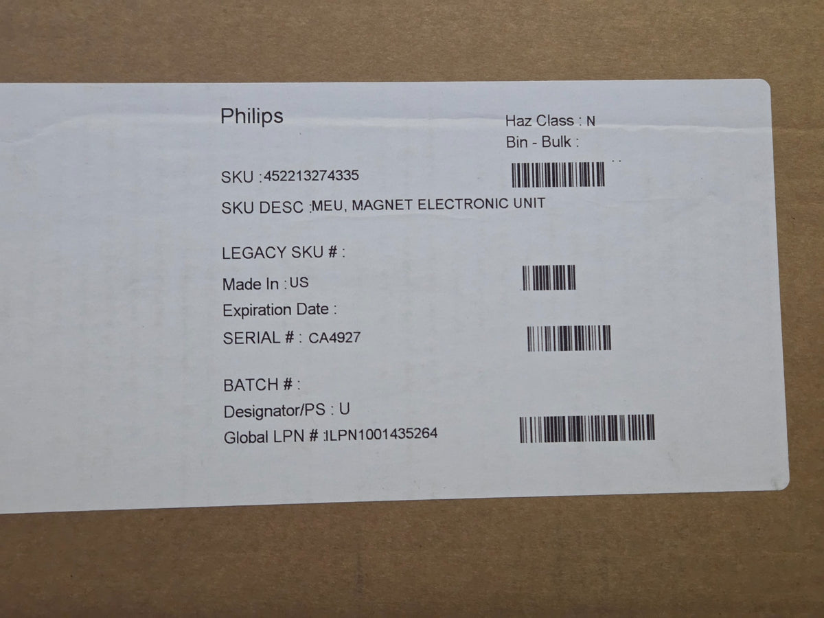 Original Philips packaging label for MEU, MAGNET ELECTRONIC UNIT, part 452213274335, serial CA4927