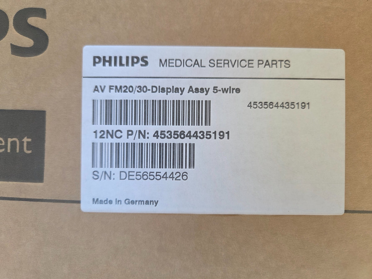 Original Philips packaging label for AV FM20/30-Display Assy 5-wire, part 453564435191, serial DE56554426